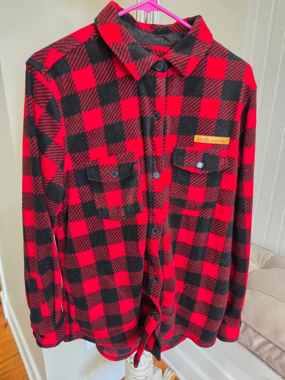 Women's Simply Southern Shacket Shirt Jacket Medium Red Plaid Pockets Snap Up